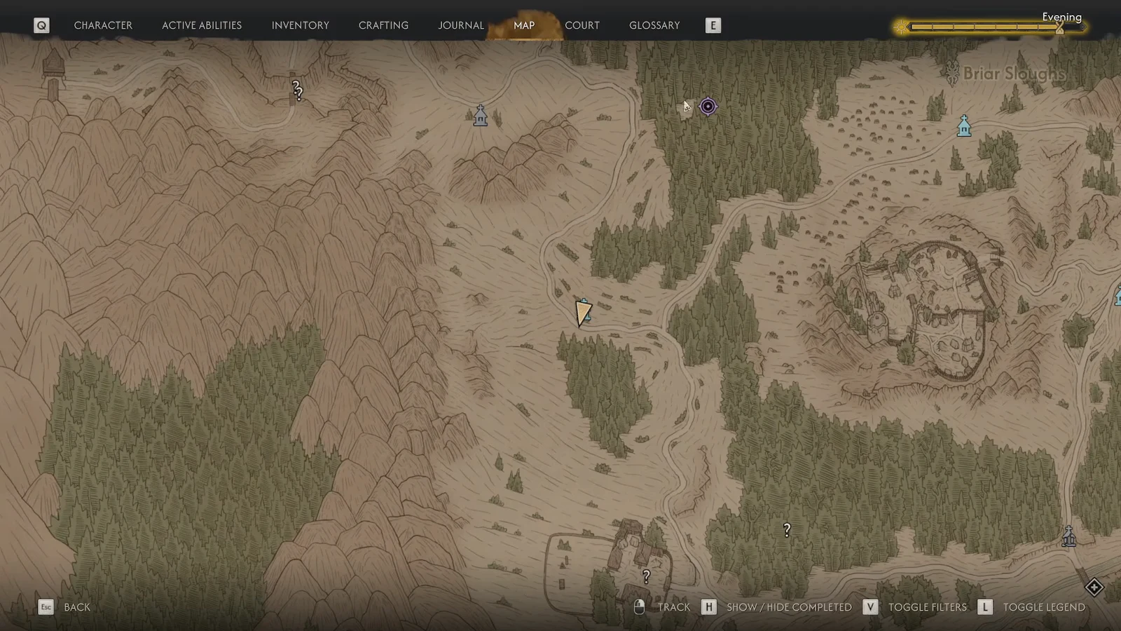 Map of the Briar Sloughs region showing the player marker and nearby points of interest
