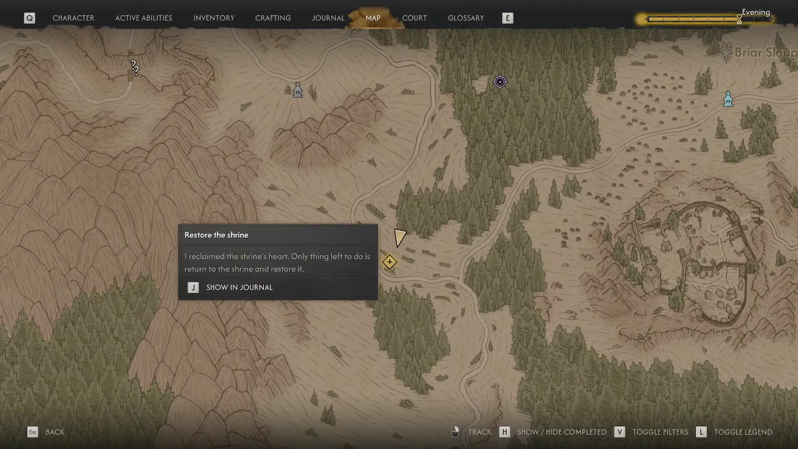 Map screen with the Restore the shrine objective selected and a show in journal prompt
