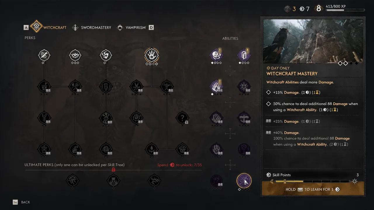 Witchcraft perk tree with a node highlighted and the hold-to-learn prompt active