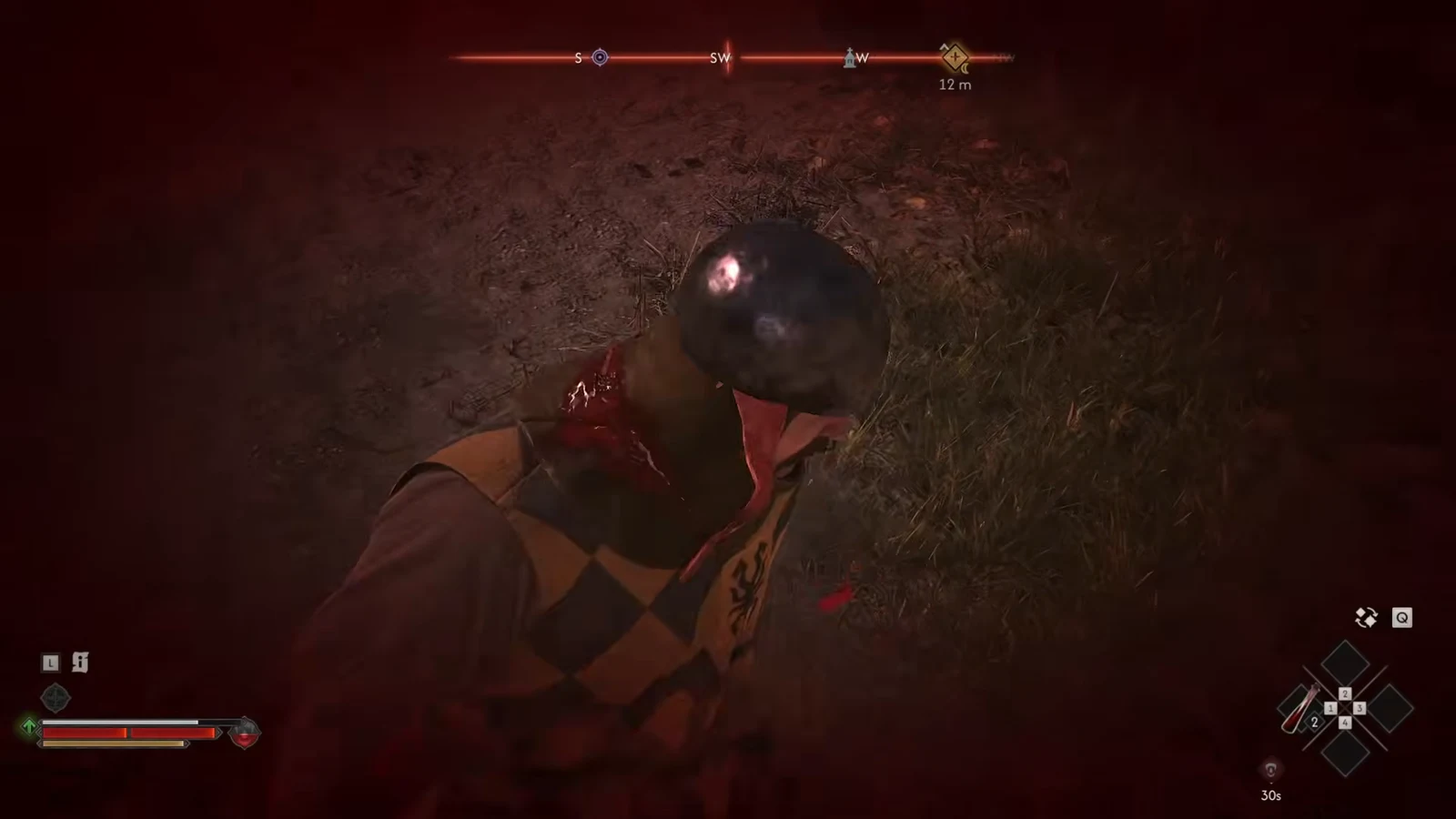 Coen downed with a red damage vignette and an objective marker 12 meters away