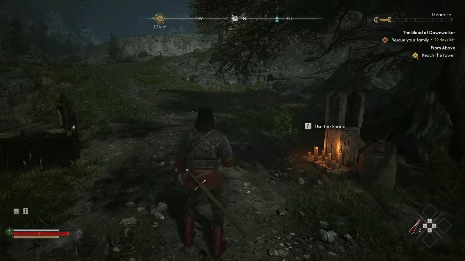 Coen walking up to a lit shrine with the Use the Shrine prompt on screen