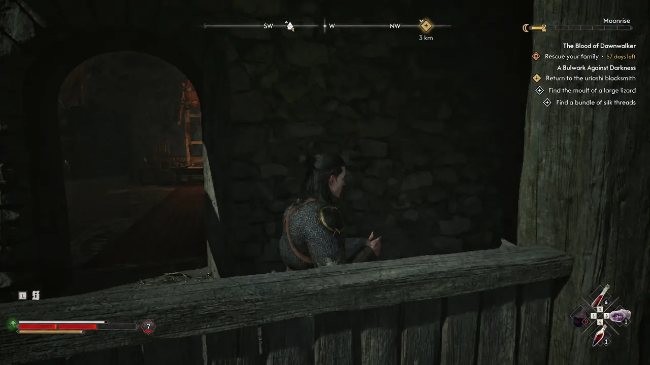 Player crouched behind a wooden railing on the tower scaffolding with the quest tracker active