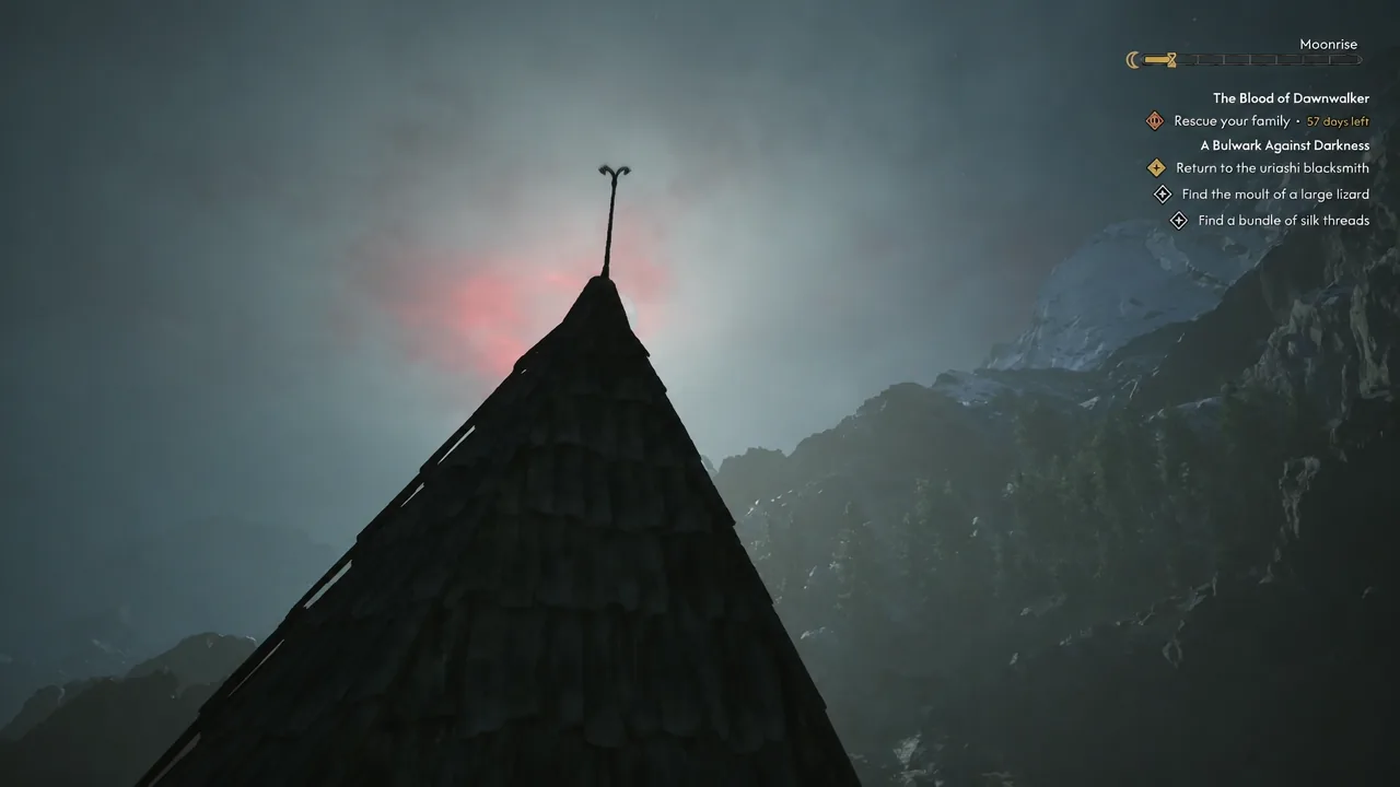 Looking up at the tower roof with the survey point ahead and the quest tracker on screen