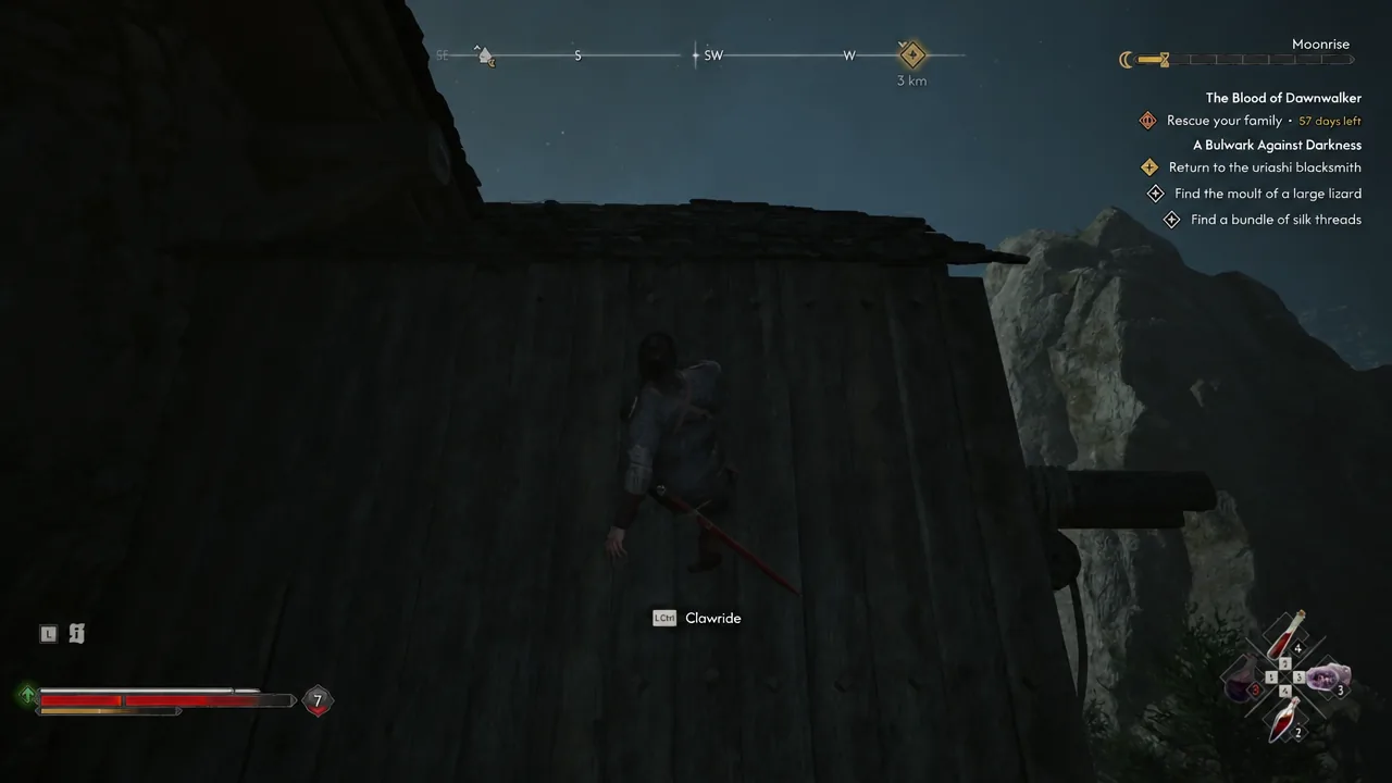Clawride prompt shown while scaling the vertical stone wall of the tower
