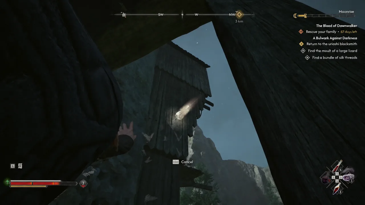 Aiming a vampiric ability at a glowing target on the tower's wooden structure