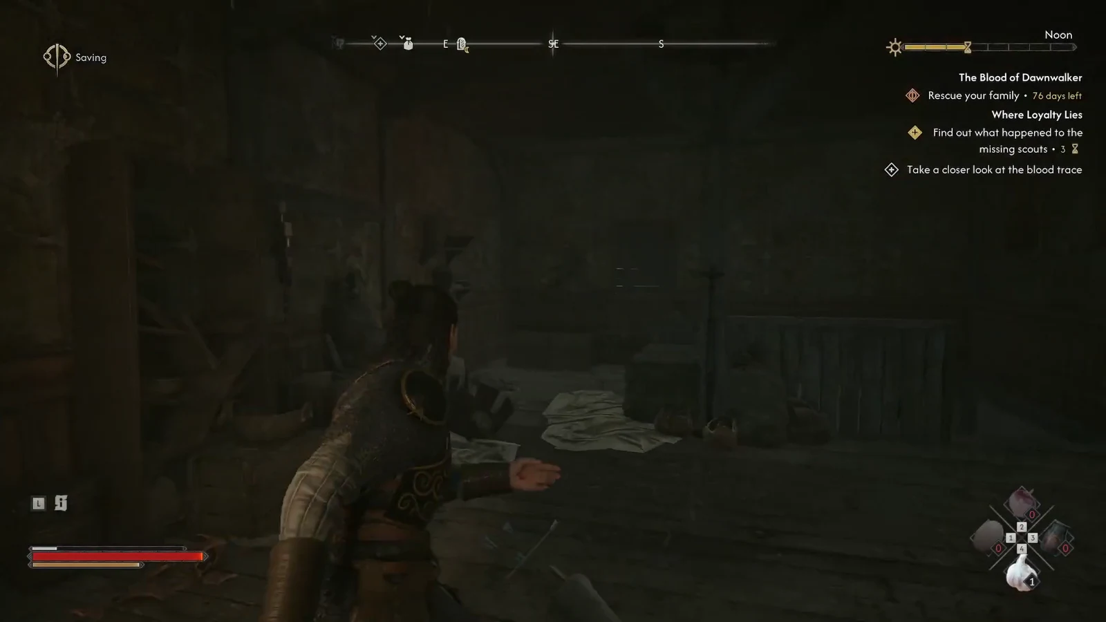 Quest tracker updated to the blood trace objective as Coen crouches in the dark wooden interior