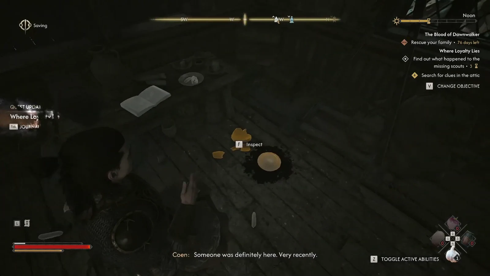 Attic floor clue highlighted with the Inspect prompt during the Search for clues in the attic objective