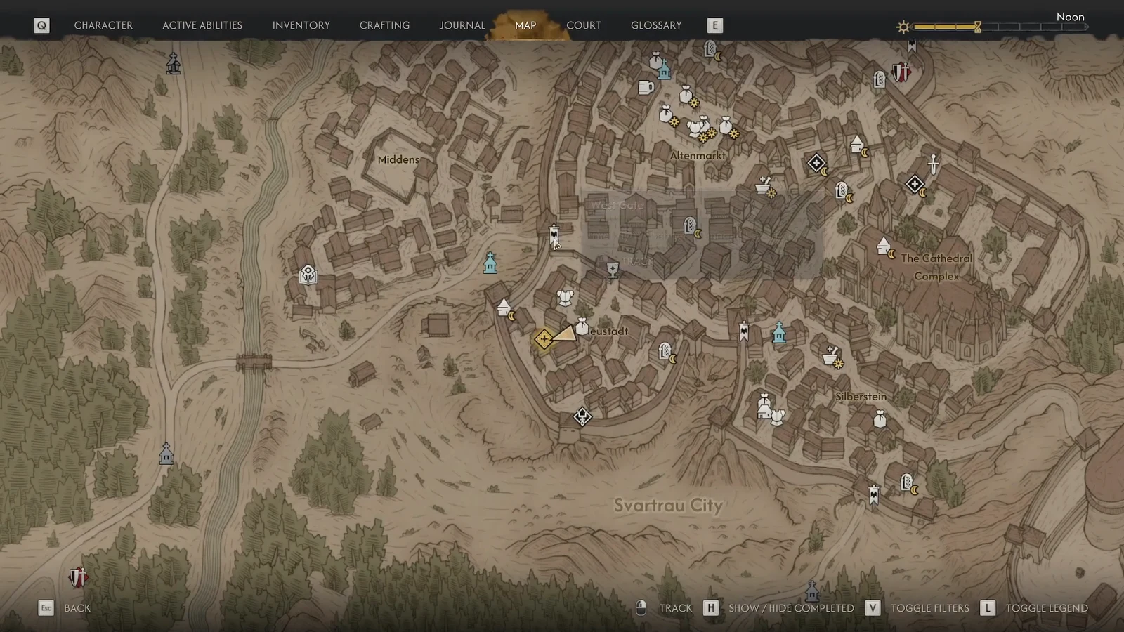 Svartrau City map with the yellow Where Loyalty Lies objective marker sitting in Neustadt