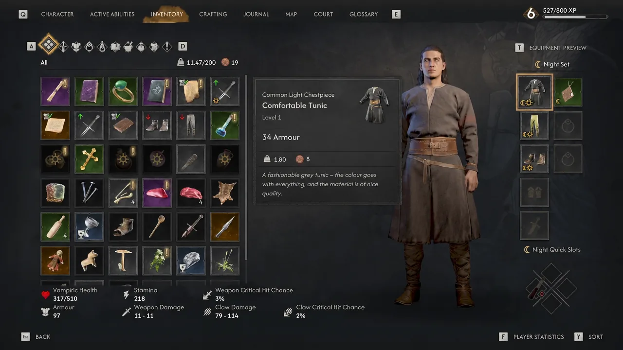 Inventory screen showing gear picked up from the body in the cave