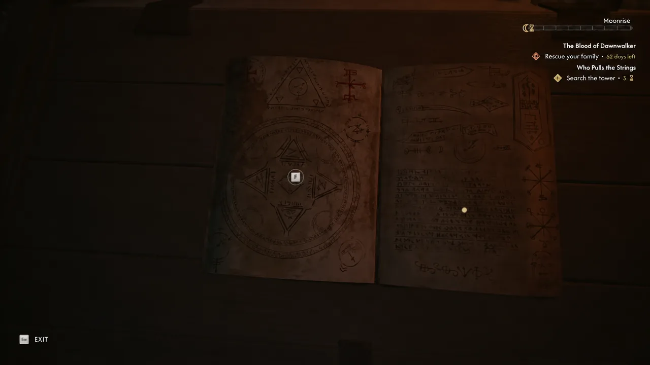 Open rune-covered book on screen with the F key prompt over the central sigil