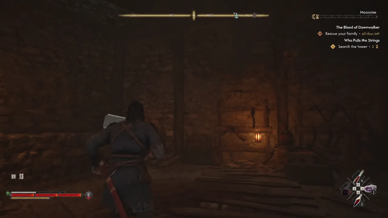 Coen moves through a torchlit stone interior with the quest tracker showing the search objective