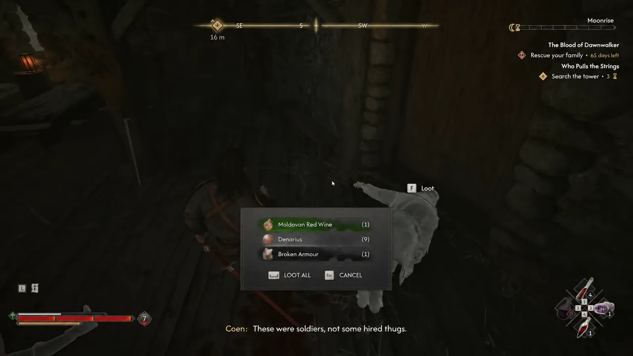 Looting the defeated soldiers on the middle floor before heading up the outer stairs.