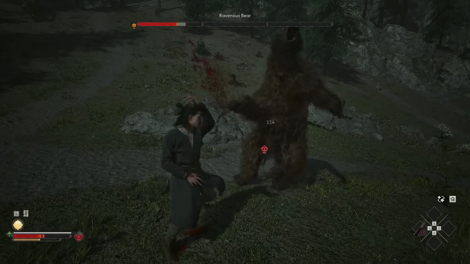 Coen striking the Ravenous Bear as its health bar drops and damage numbers appear