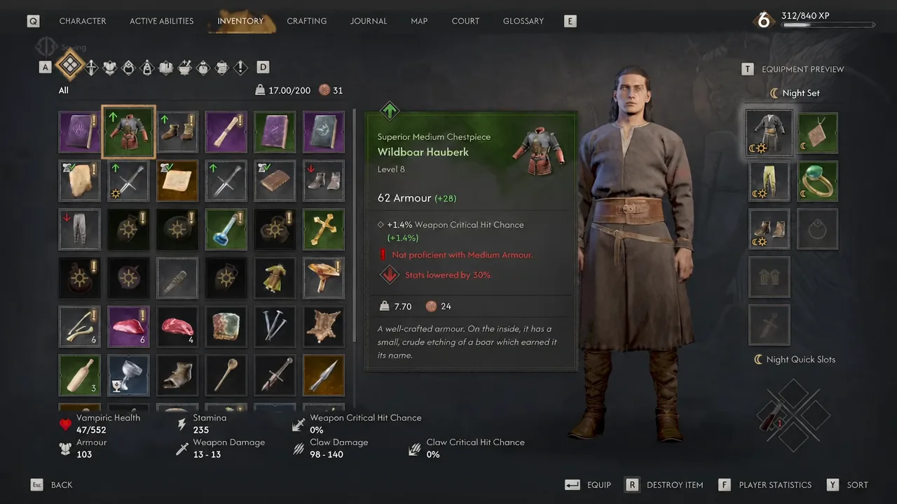 Inventory screen with the Wildboar Hauberk selected and its stats shown