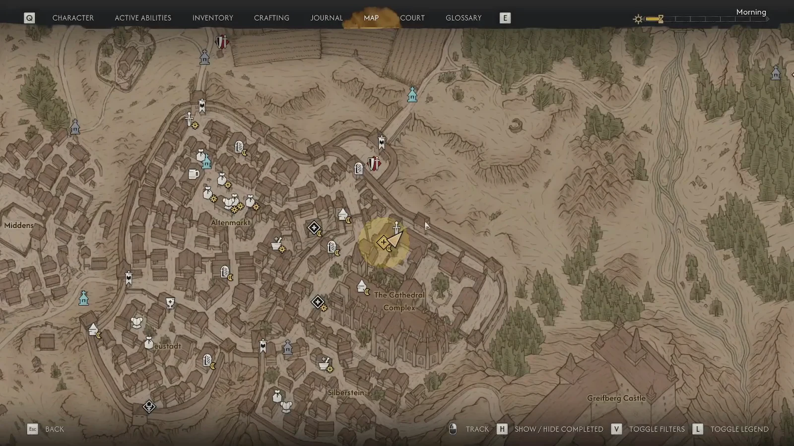 The Blood of Dawnwalker map screen with a yellow objective marker near The Cathedral Complex in Svartrau