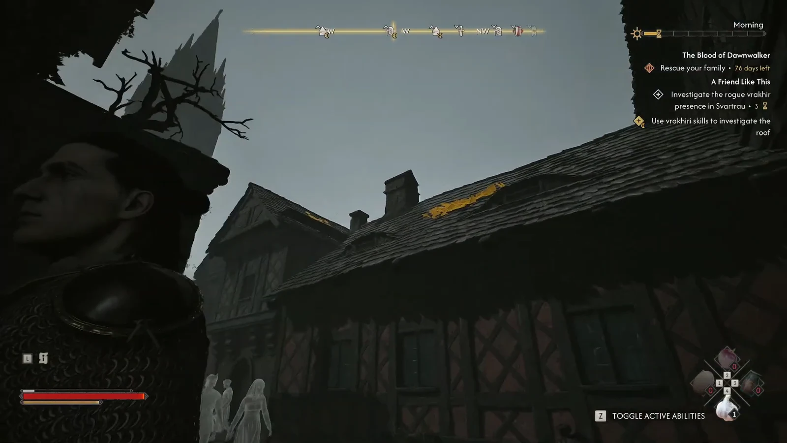 Coen inspecting glowing damage on a Svartrau rooftop at night with active abilities on screen