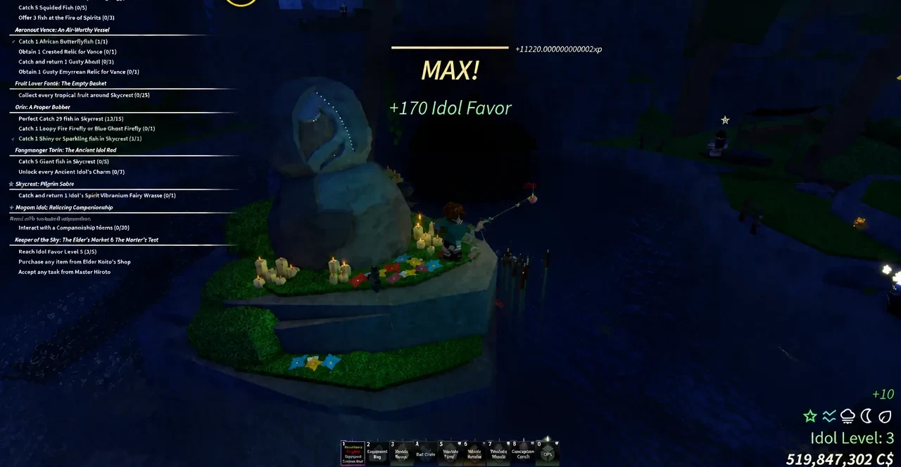 Idol Favor bar filled to MAX with the current Idol Level displayed on the quest tracker