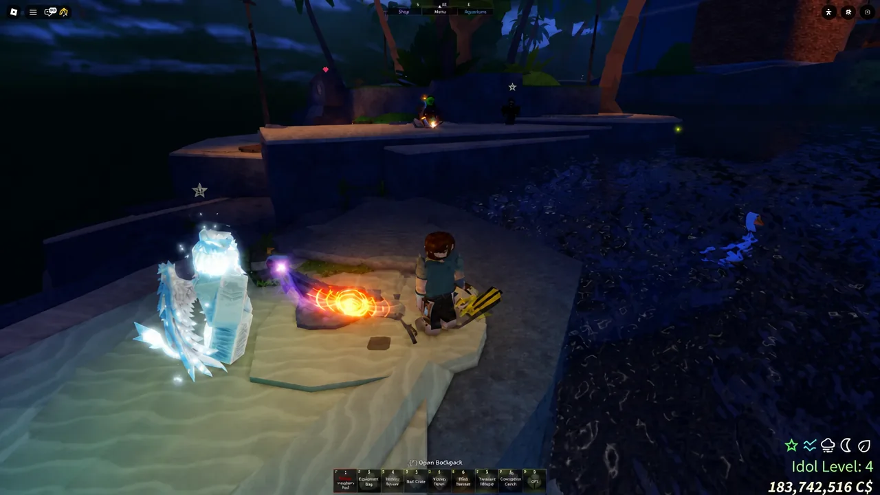 Player standing directly beside the glowing Ancient Idol statue with the backpack prompt on screen