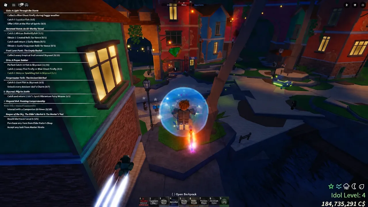 Player gliding over the Skycrest rooftops with the quest tracker visible on the right side of the screen