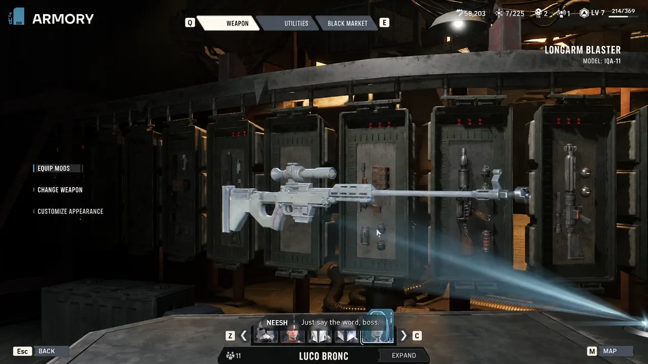 Armory Weapon tab in Star Wars Zero Company with the Longarm Blaster selected and Equip Mods highlighted