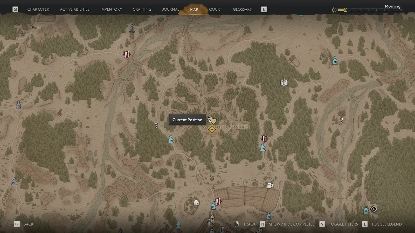World map open with the Current Position marker highlighted before setting a route