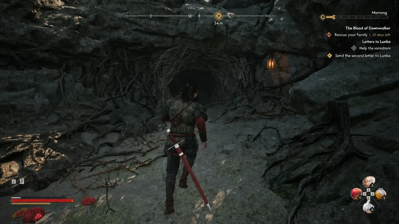 Approaching the burrow entrance with the compass objective marker showing 34 meters