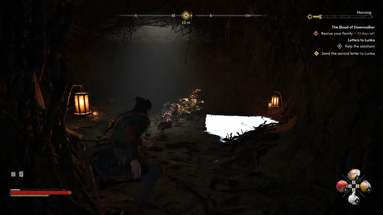 Crouching through the lantern-lit burrow tunnel with the objective 10 meters ahead