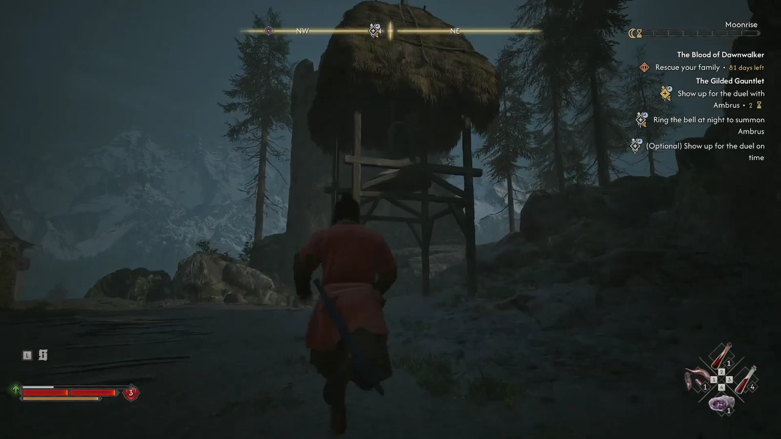 Coen running toward the wooden bell tower in the arena at night