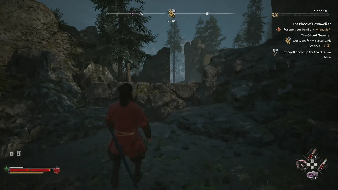Night-time quest tracker for The Gilded Gauntlet as Coen approaches the ruined arena