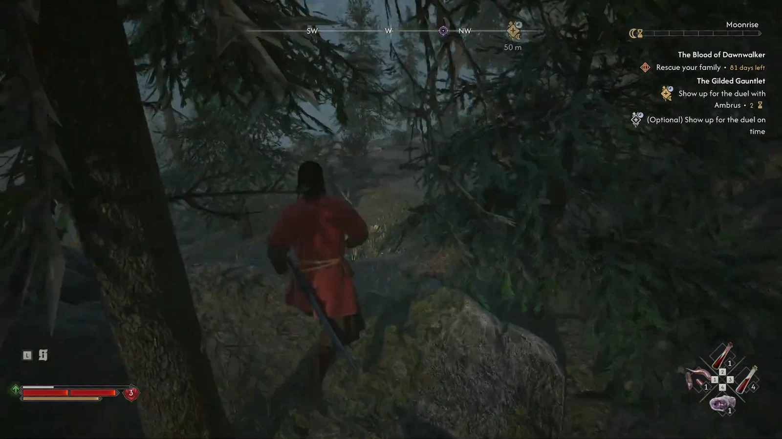 Compass objective marker guiding Coen through wooded terrain toward the duel site
