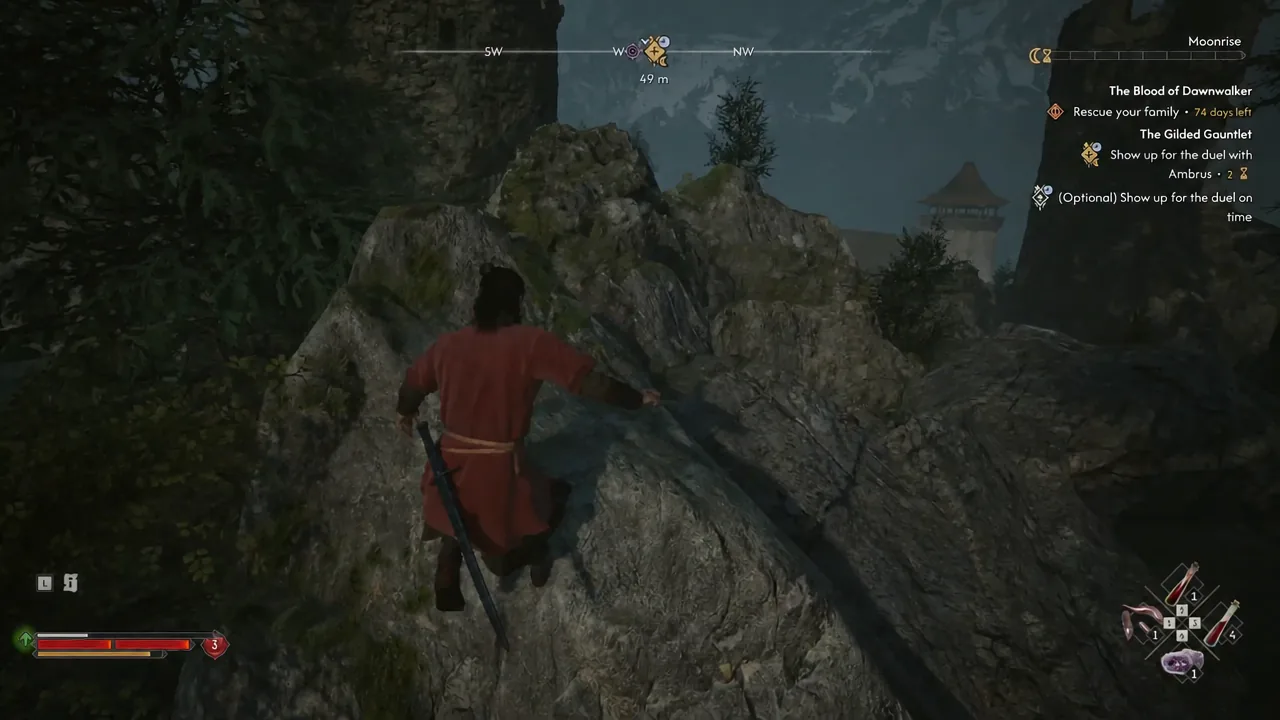 Quest tracker showing a 49 m objective as Coen crosses the rocks near the summit chest