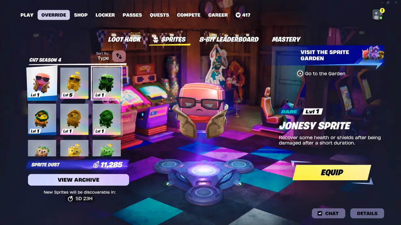 Jonesy Sprite selected on the Sprites screen with the Equip button ready