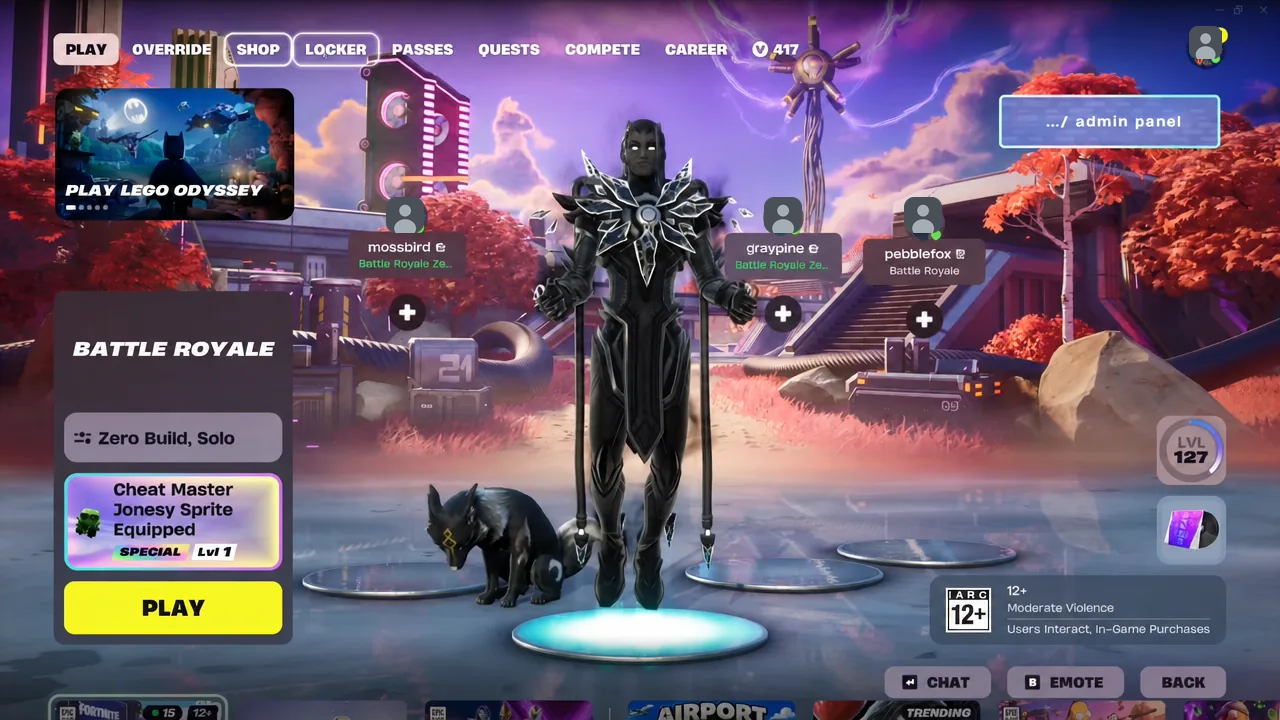 Battle Royale lobby with Zero Build Solo selected and the yellow Play button highlighted