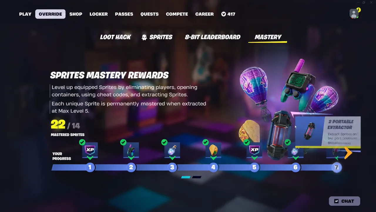 Sprites Mastery Rewards screen on the Mastery tab showing mastered sprite progress and the Portable Extractor reward