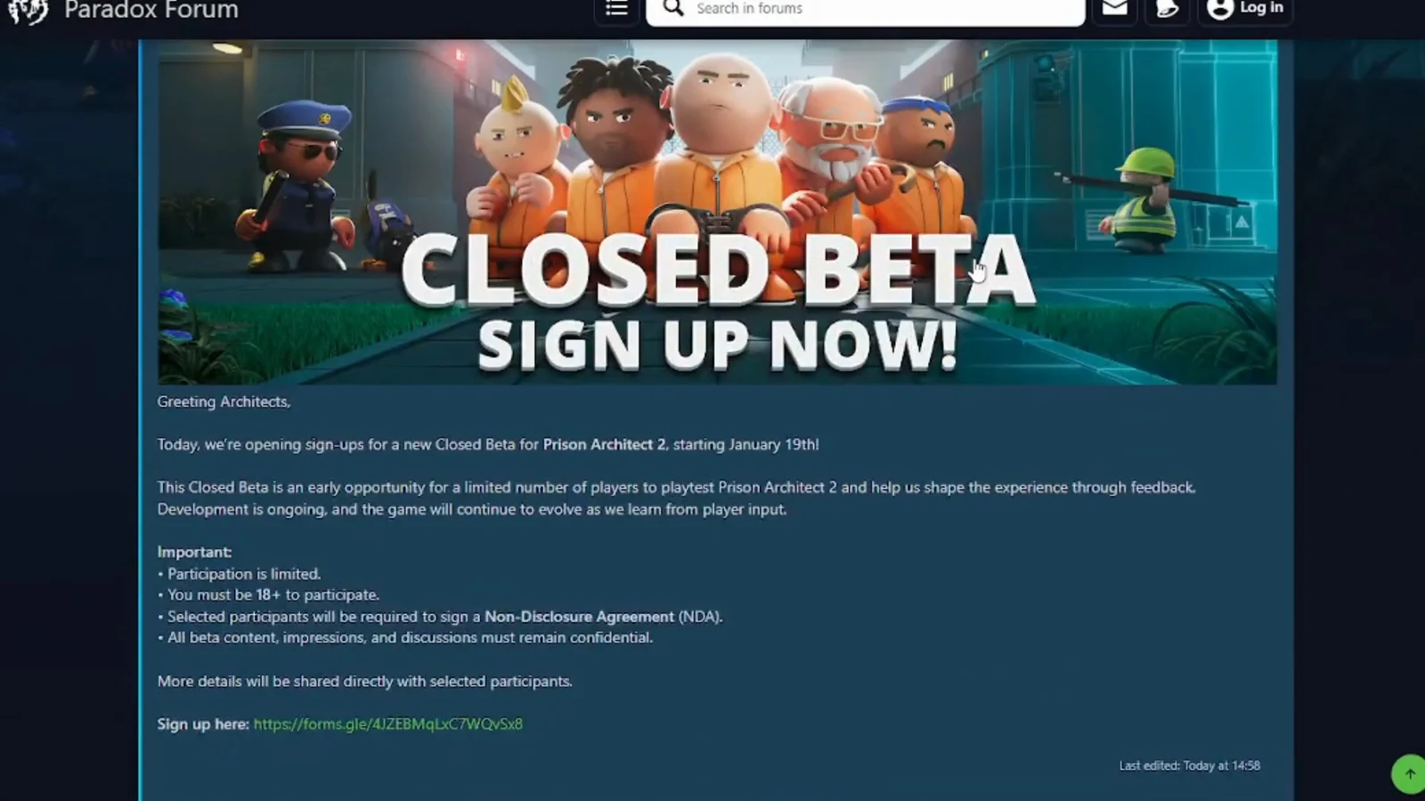 Paradox Forum closed beta announcement with the green Sign up here link to the registration form