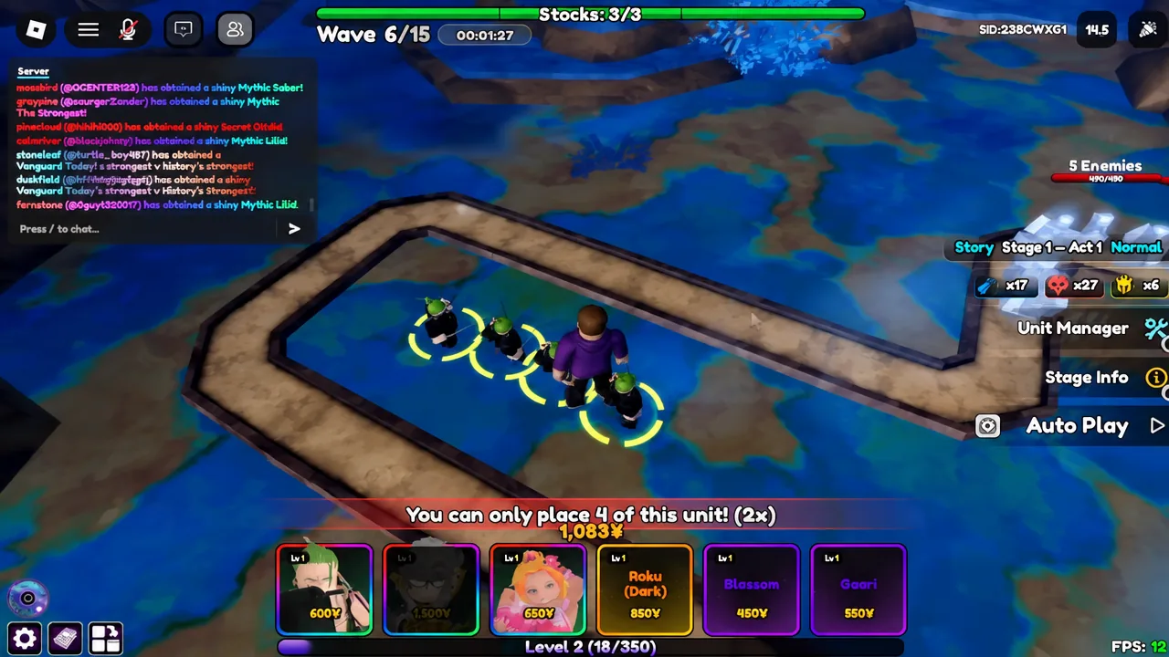 Anime Vanguards match in progress with units placed along the enemy path