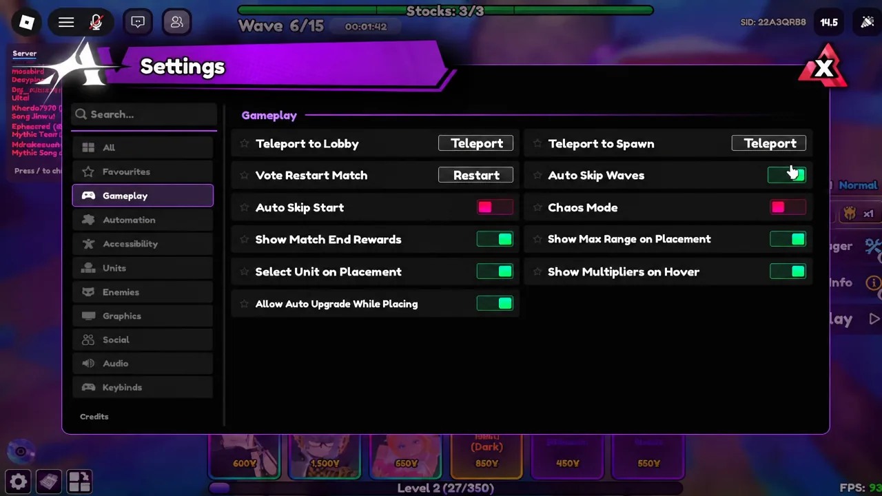 Settings menu open on the Gameplay tab with the Auto Skip Waves toggle switched to green