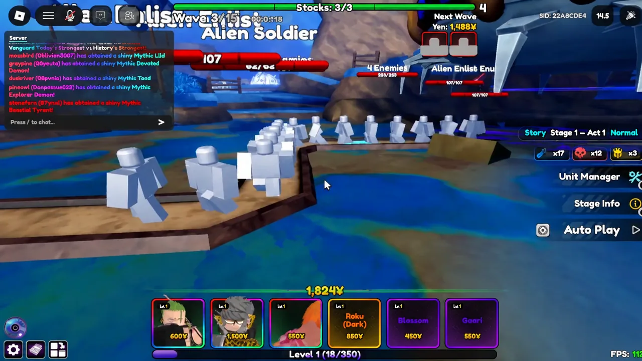 Wave 3 of 15 in progress on Story Stage 1 Act 1 with the Auto Play button on the right