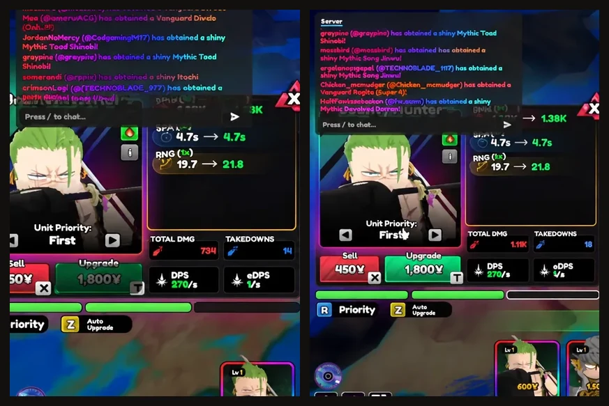 Side by side unit panels with the Passives button highlighted, showing different damage and takedown figures
