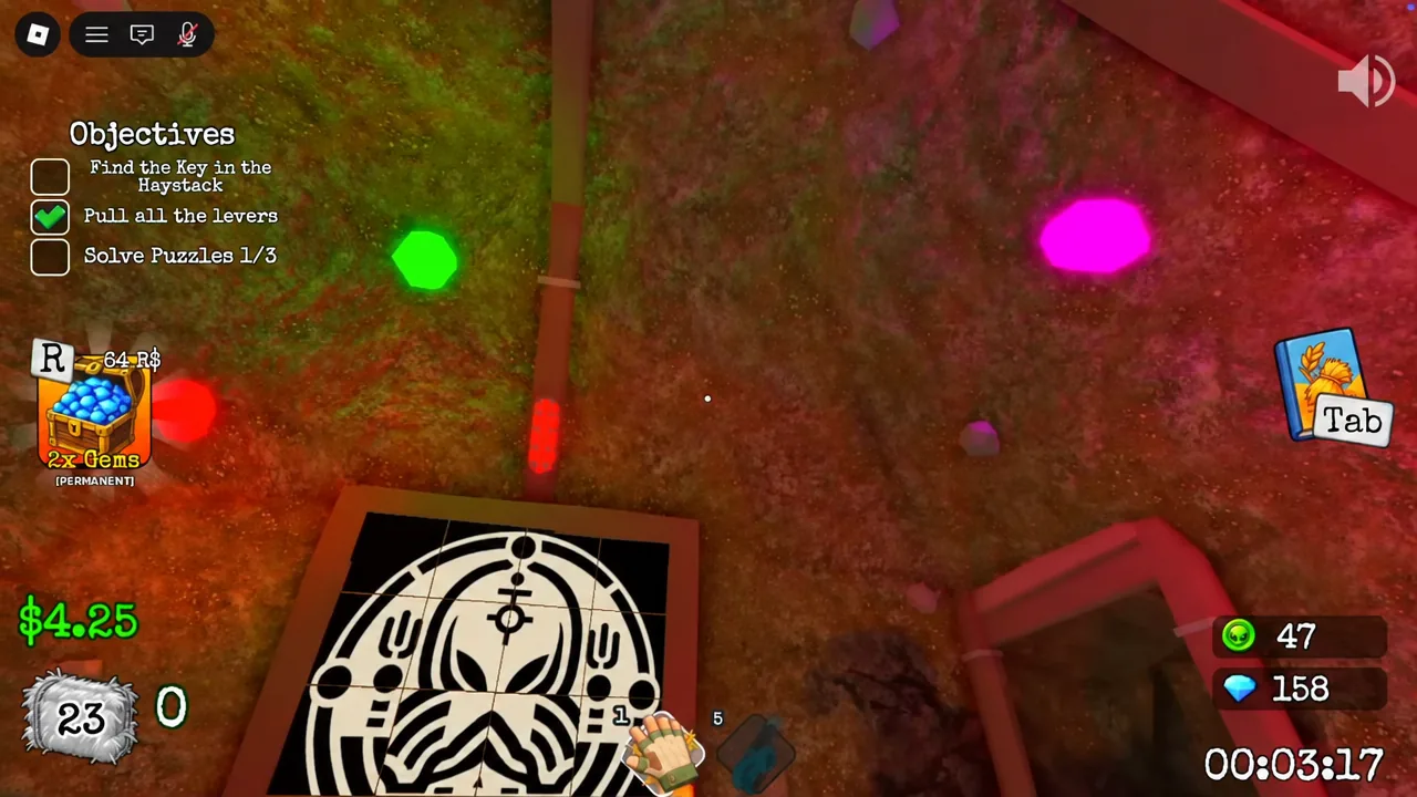 Player working on the 16-tile picture board with the lever objective already checked off