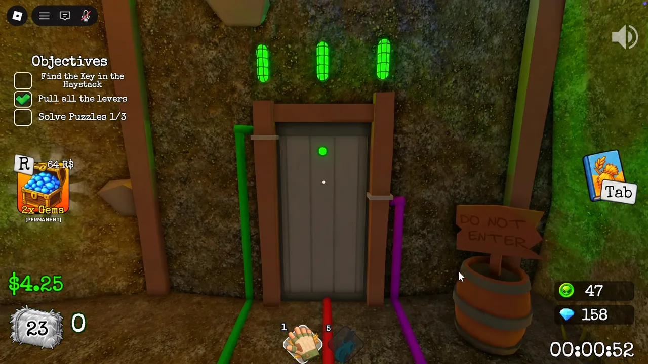 Objectives panel listing Pull all the levers while the player stands in front of the sealed basement door
