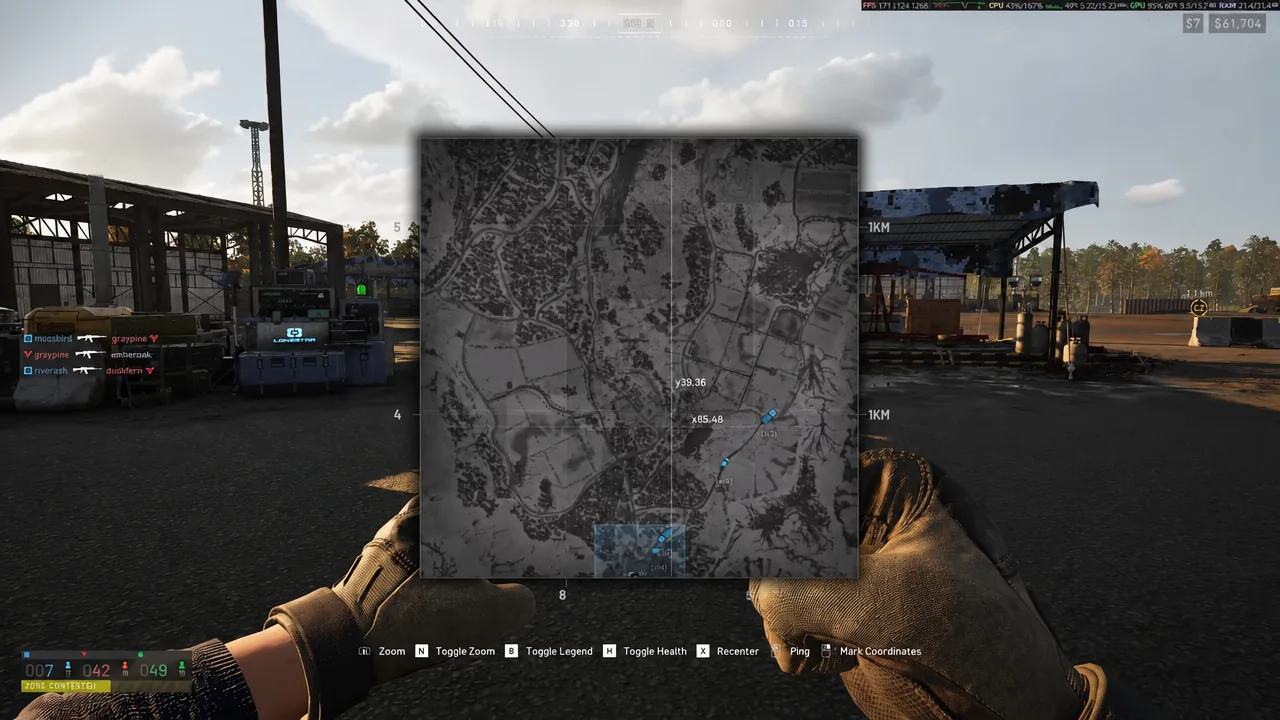 WARDOGS map screen with the blue player marker showing the current position at headquarters