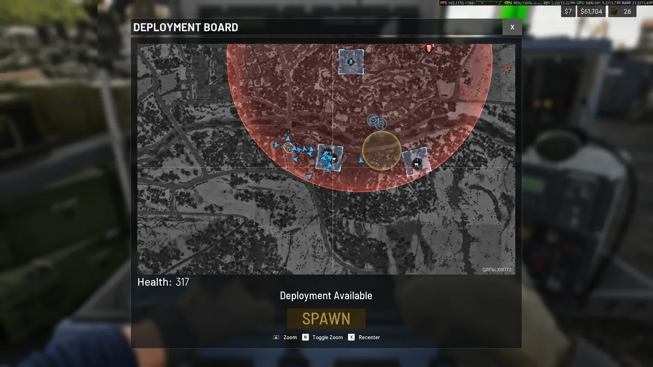 Deployment Board map with a selected deployment point and the SPAWN button highlighted