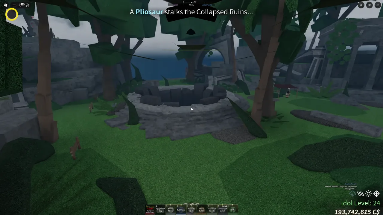 Player gliding toward the circular stone well on Skycrest that drops into Abaia's Chamber