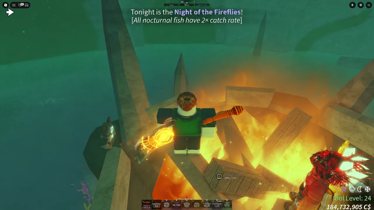 The Offer Fish prompt appearing at the Fire of Spirits altar during Night of the Fireflies