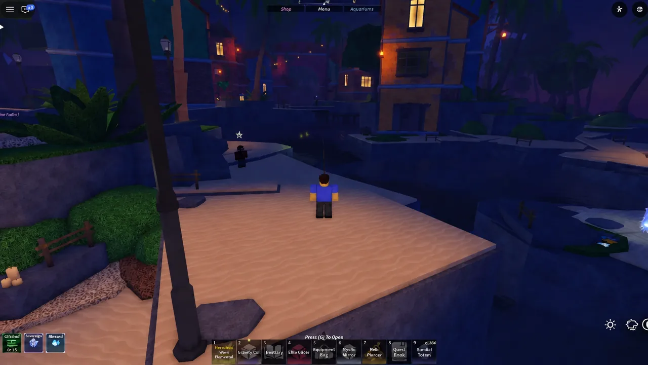 Skycrest village at night with the Relic Piercer equipped in the player hotbar
