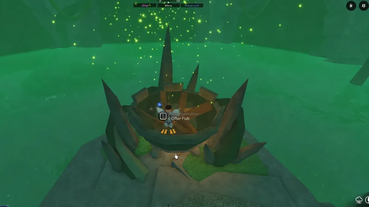 Fire of Spirits shrine with the E button highlighted for the Offer Fish interaction