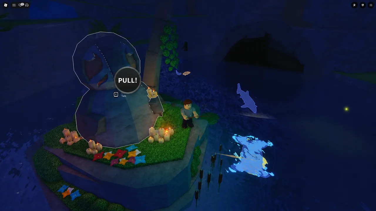 PULL prompt on screen as the player hooks the glowing Abaia during the hunt