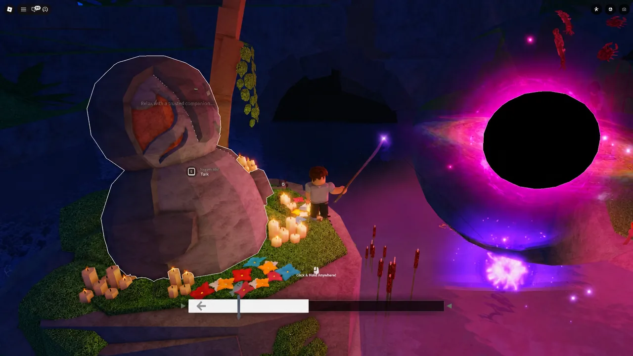 Player standing in front of a Skycrest statue with a Talk prompt highlighted