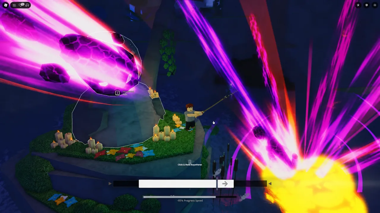 Glowing purple Sky Crystal with a Talk prompt and a progress bar at the bottom of the screen
